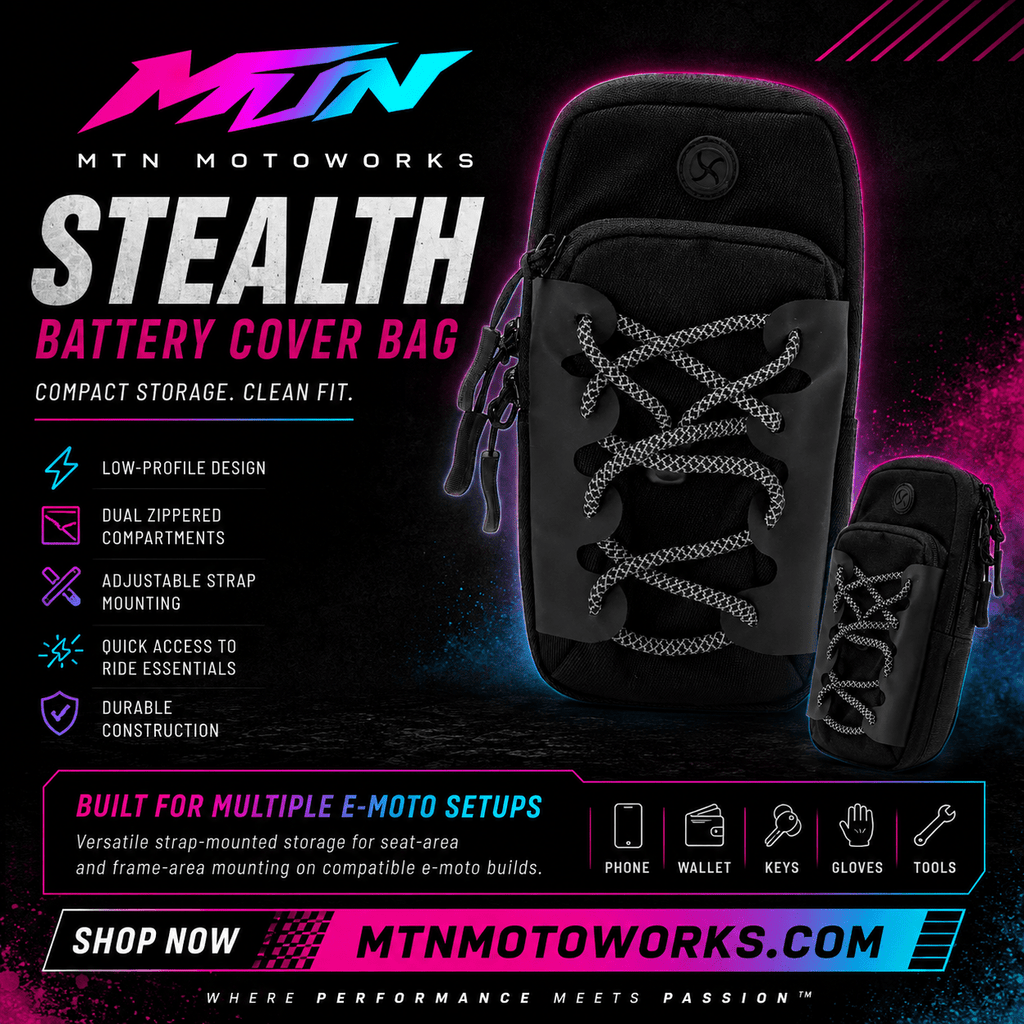 MTN Stealth E-Moto Storage Bag | Universal Strap-Mount Pouch | MTN MOTOWORKS E-Moto Performance Parts & Accessories