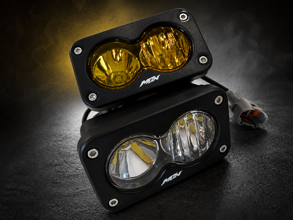 MTN Sur-Ron LBX plug-and-play Baja LED headlight color options in white and yellow