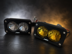 MTN Sur-Ron LBX plug-and-play Baja LED headlight options in white and yellow, side-by-side view