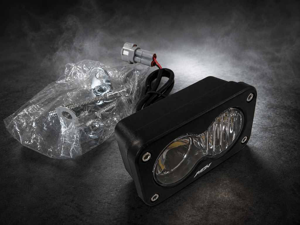 MTN white plug-and-play Baja LED headlight kit for Sur-Ron LBX with connector and mounting hardware