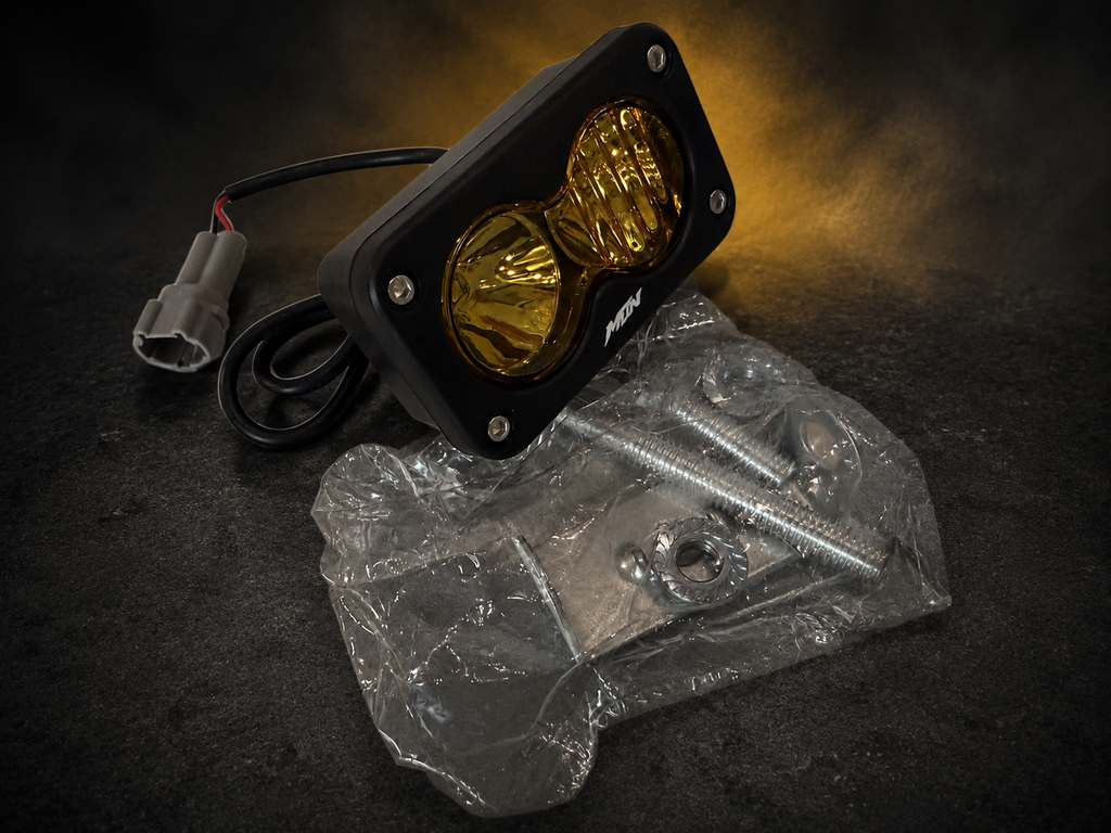 MTN yellow plug-and-play Baja LED headlight kit for Sur-Ron LBX with connector and mounting hardware