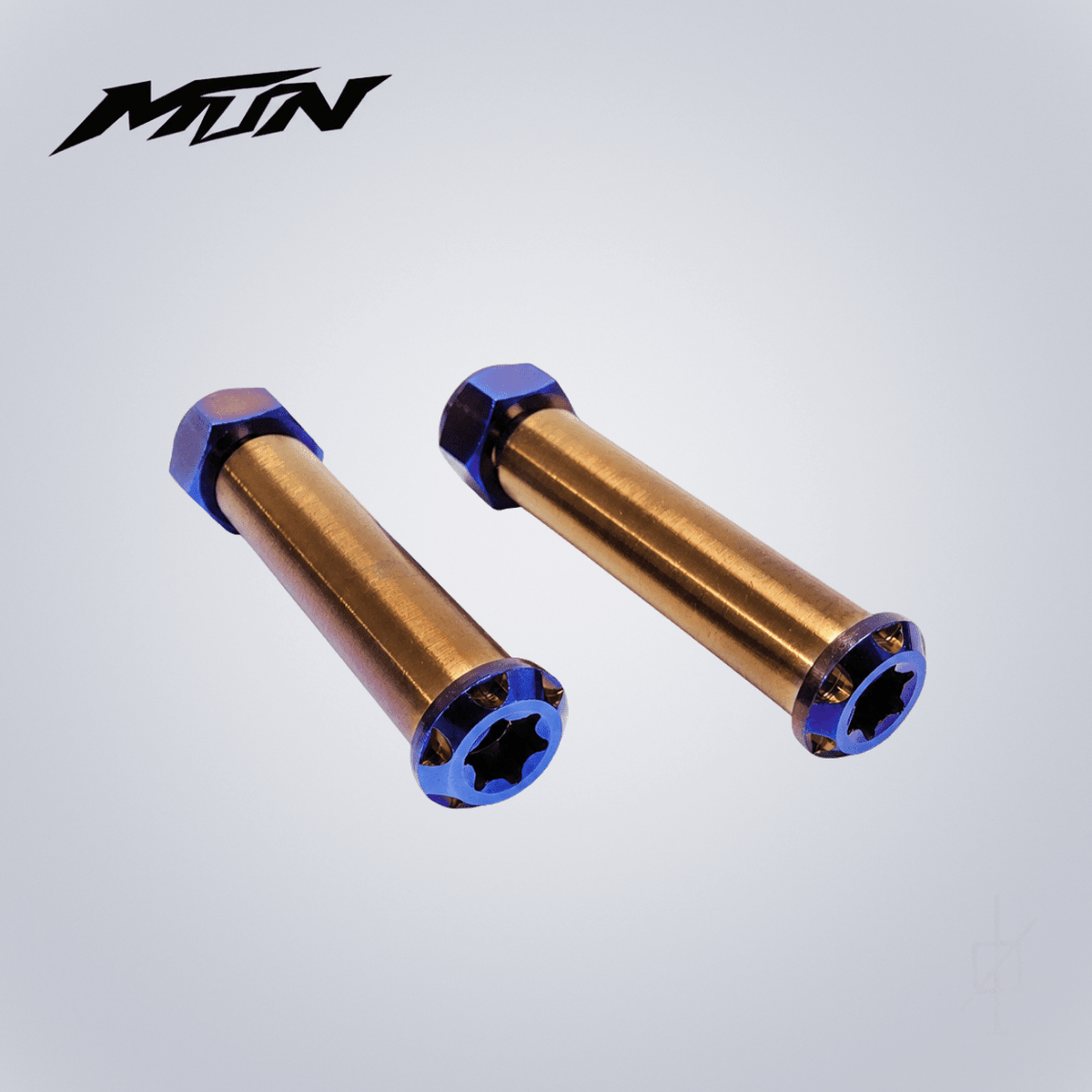 Titanium footpeg pivot pin pair in Burnt Blue finish with retaining clips