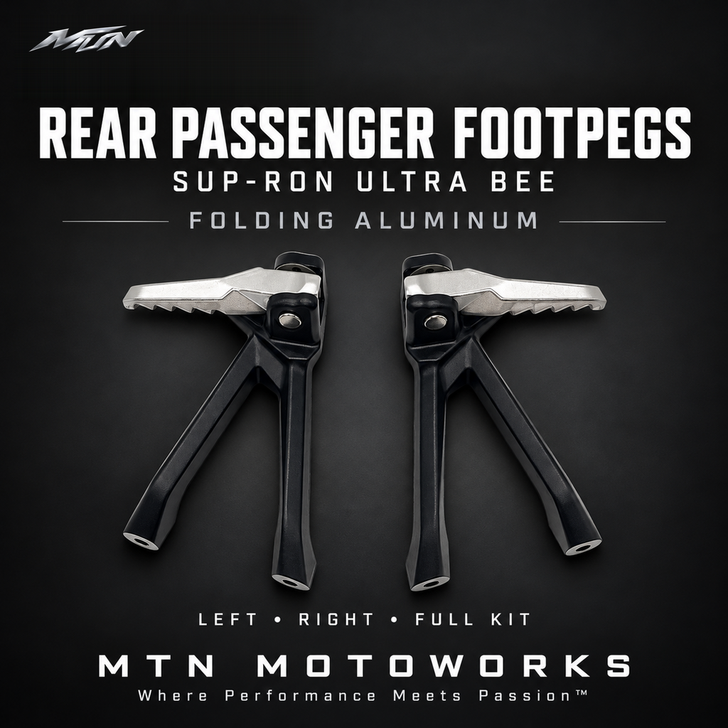 Sur-Ron Ultra Bee folding aluminum rear passenger footpegs, left and right pair that fold out for a passenger or lock in when not in use — MTN MotoWorks