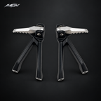 Pair of Sur-Ron Ultra Bee folding aluminum passenger footpegs, front view with serrated silver platforms — MTN MotoWorks
