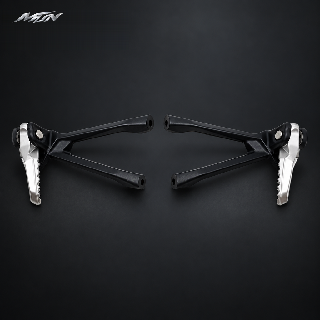 Side profile of Sur-Ron Ultra Bee folding aluminum passenger footpegs, left and right pair — MTN MotoWorks