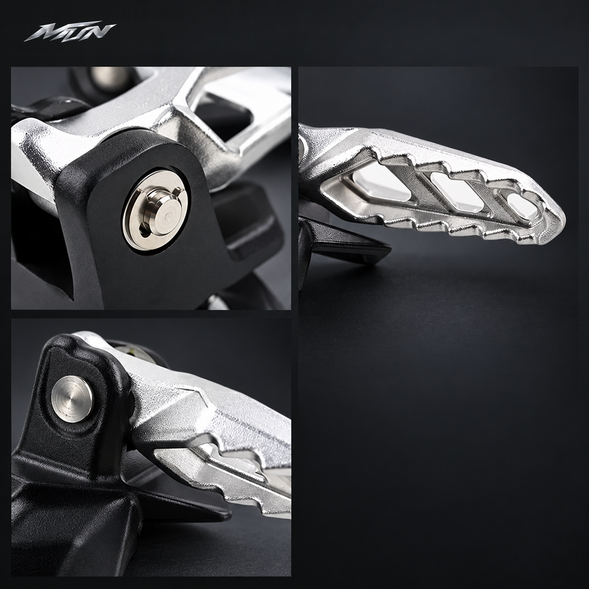 Close-up detail of Sur-Ron Ultra Bee passenger footpeg pivot, serrated platform surface and mounting hardware — MTN MotoWorks