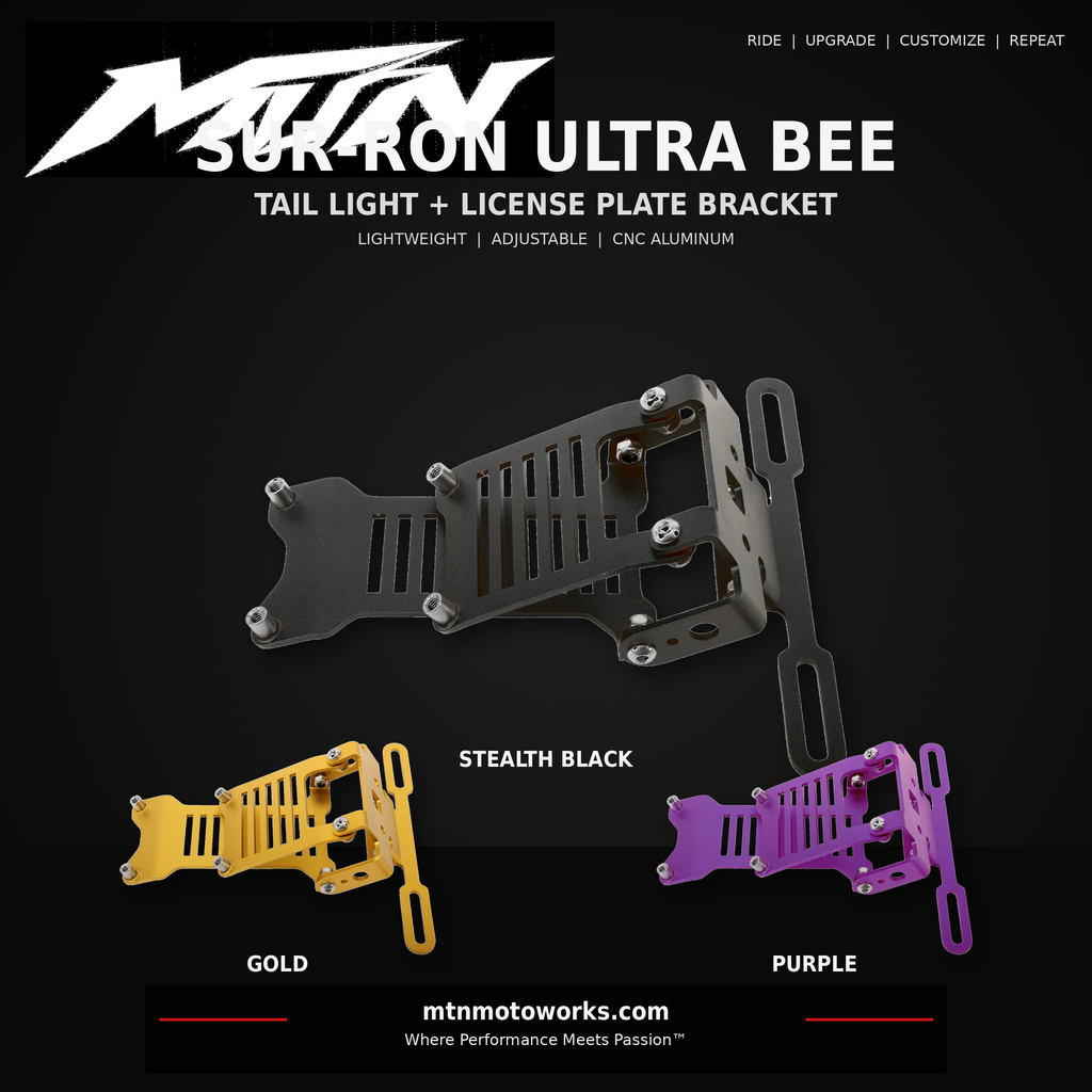 MTN Ultra Bee adjustable tail light and license plate bracket in Stealth Black, Gold and Purple
