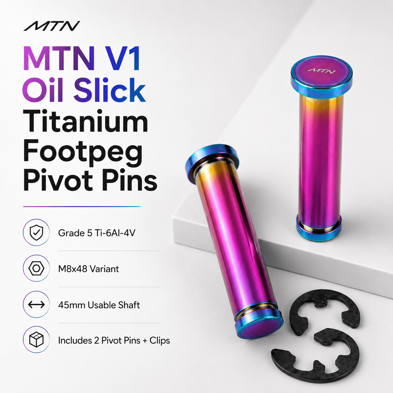 MTN V1 Oil Slick Titanium Footpeg Pivot Pins | MTN MOTOWORKS E-Moto Performance Parts & Accessories