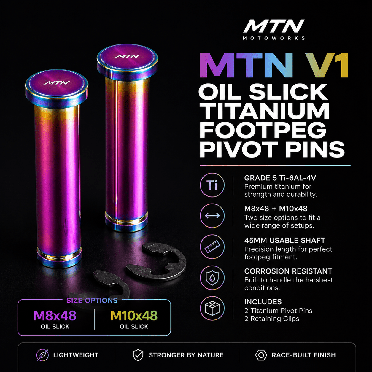 MTN V1 Oil Slick Titanium Footpeg Pivot Pins | MTN MOTOWORKS E-Moto Performance Parts & Accessories