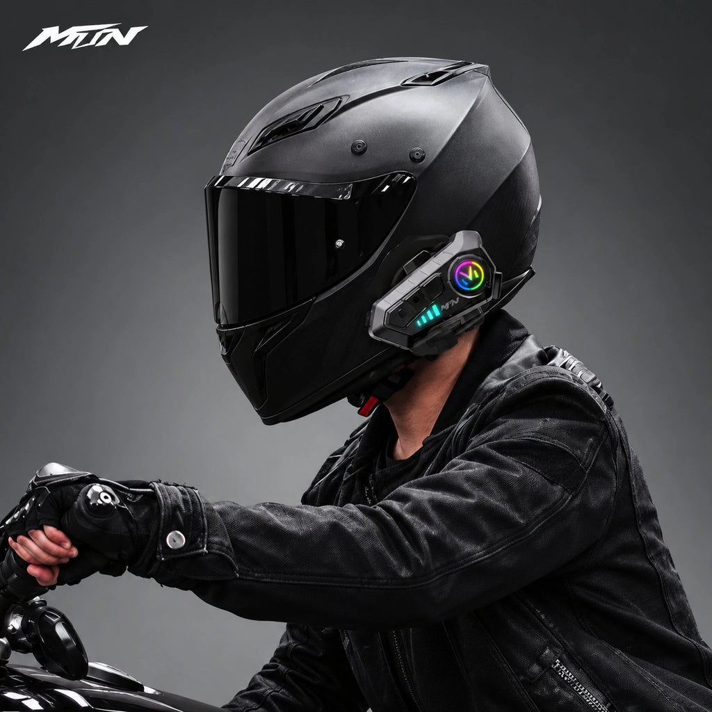 Y10 headset mounted on a motorcycle helmet