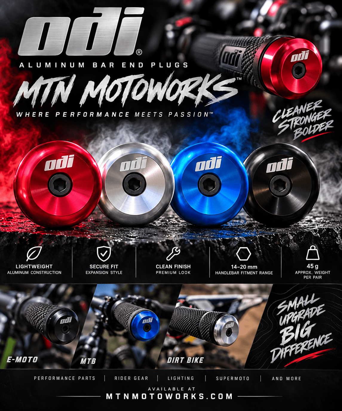 ODI Aluminum Bar End Plugs – Universal Expansion Handlebar Ends | MTN MOTOWORKS E-Moto Performance Parts & Accessories