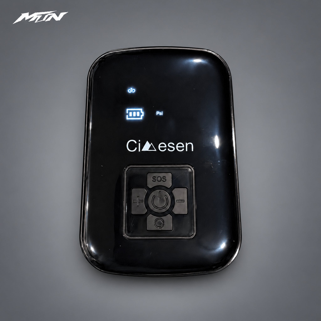 Portable wireless tire inflator product view on light charcoal MTN background