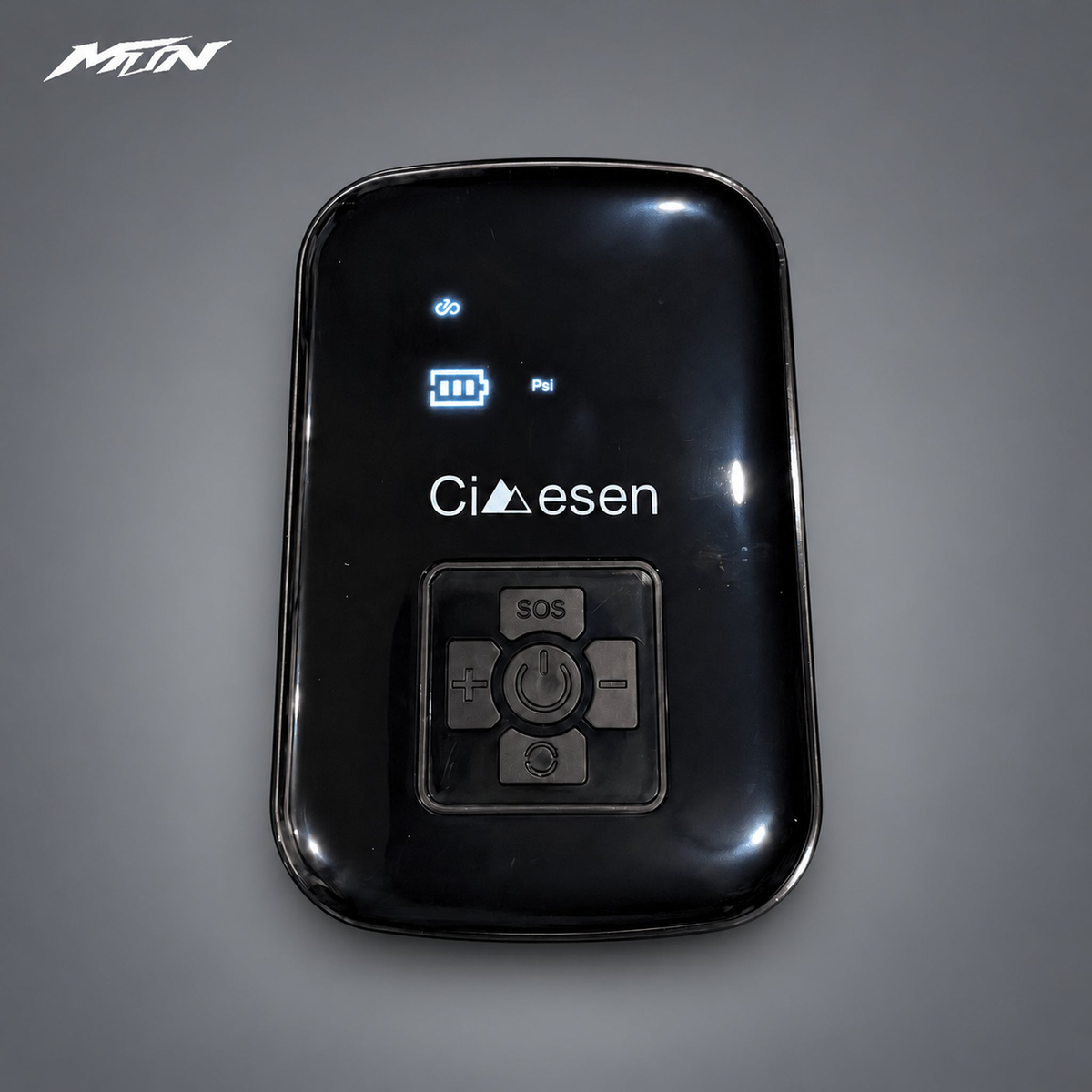 Portable wireless tire inflator product view on light charcoal MTN background