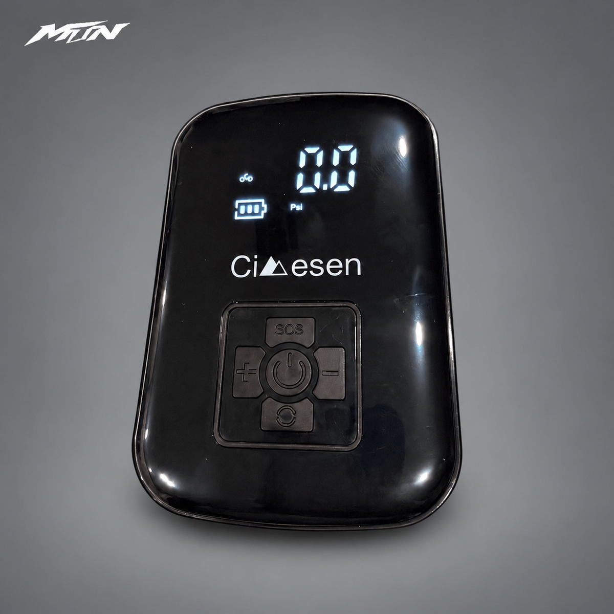 Portable wireless tire inflator product view on light charcoal MTN background