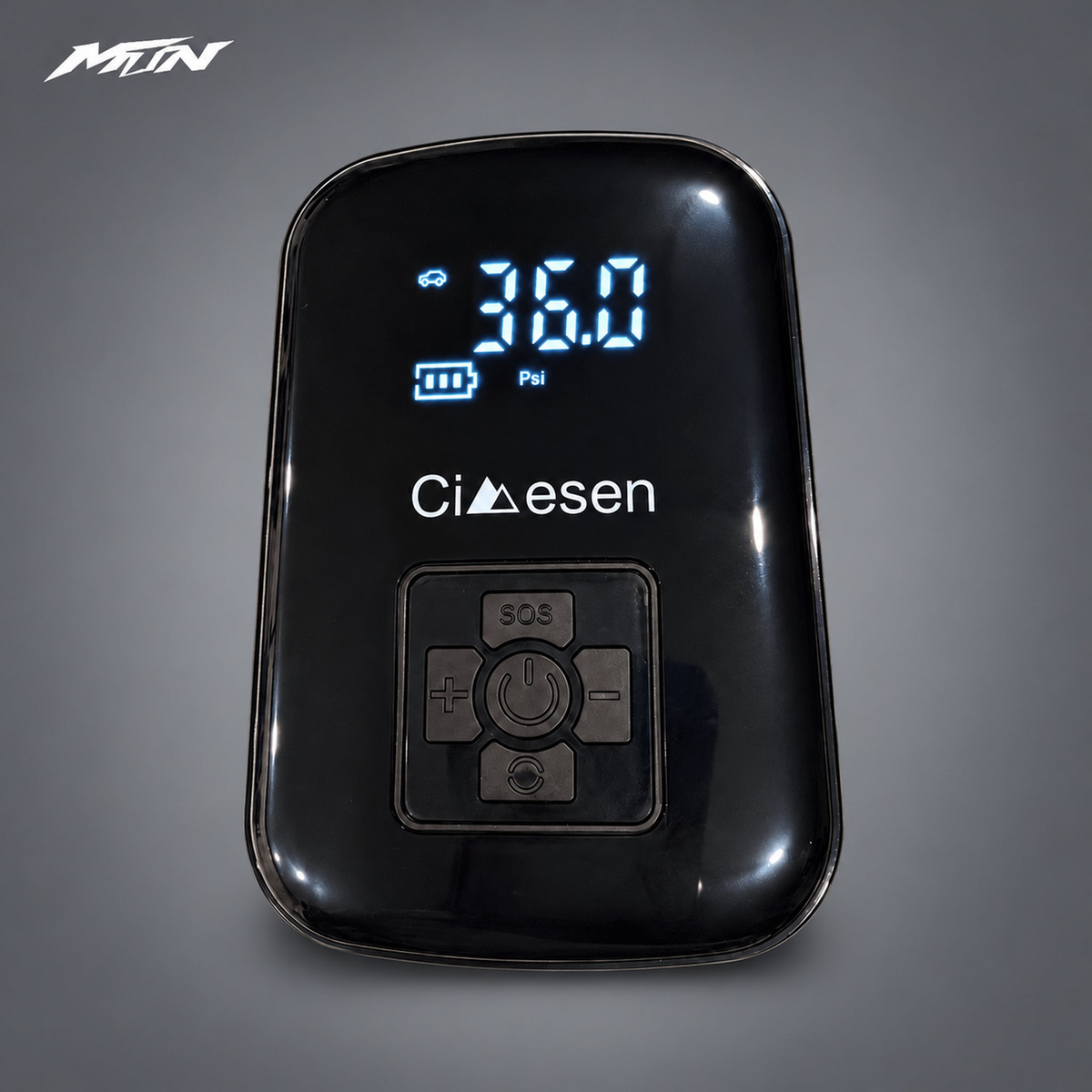 Portable wireless tire inflator product view on light charcoal MTN background