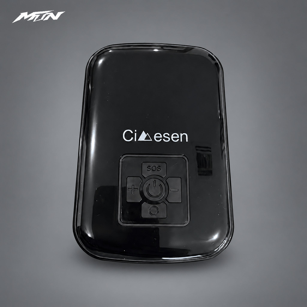 Portable wireless tire inflator product view on light charcoal MTN background