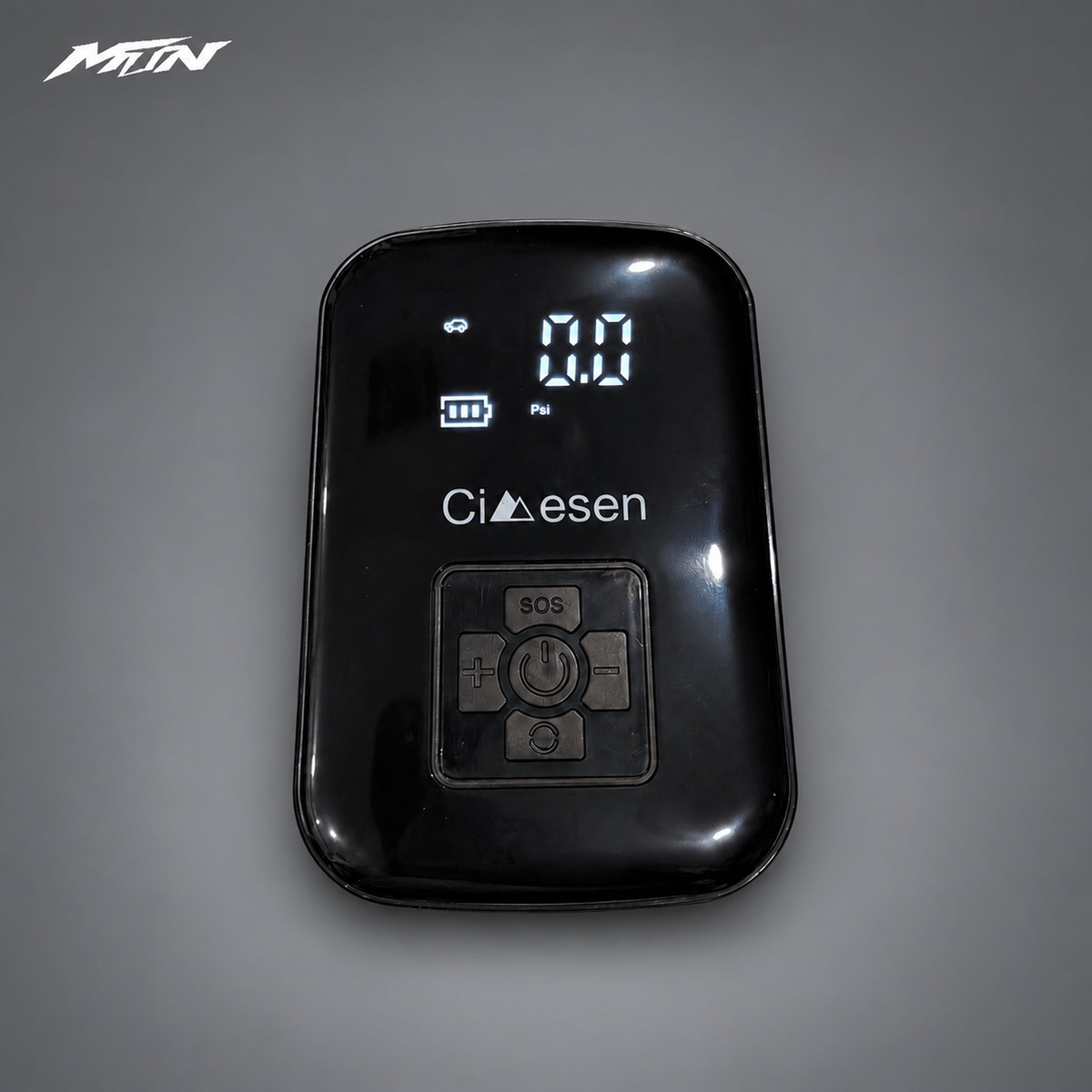 Portable wireless tire inflator product view on light charcoal MTN background